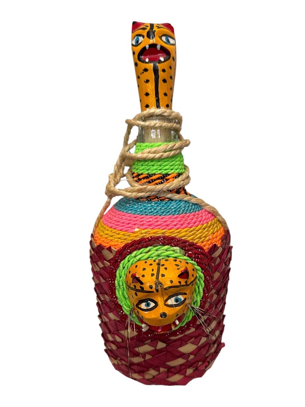 Mexican Folk Art Woven Palma Jaguar Tequila Mezcal Bottle